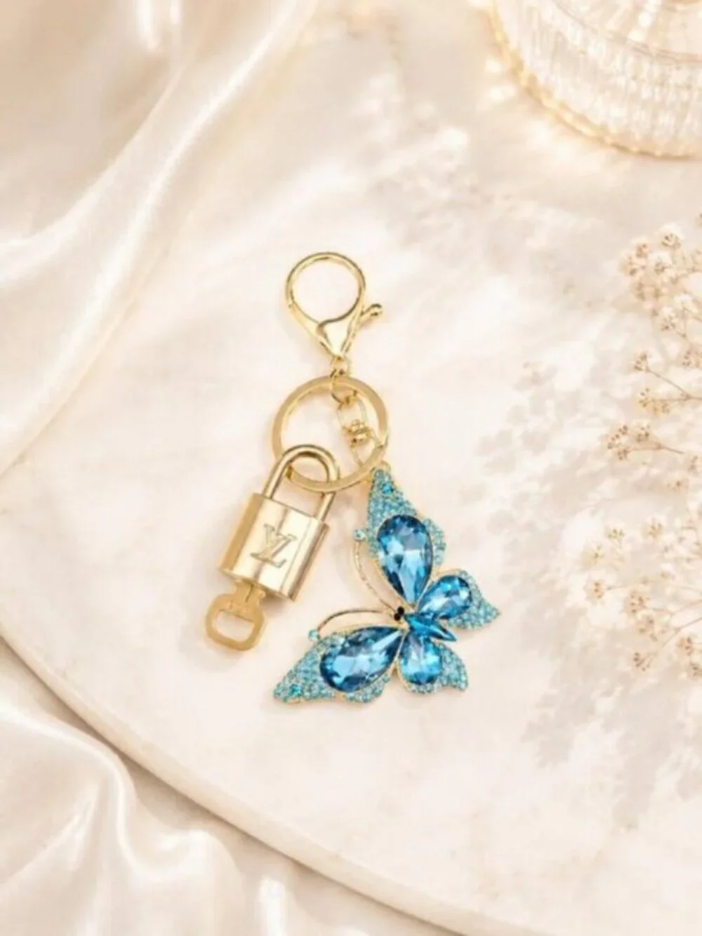 LV Authentic Gold Lock & Key 🔑 Luxury Bag Charm w/ Unbranded Butterfly Keychain